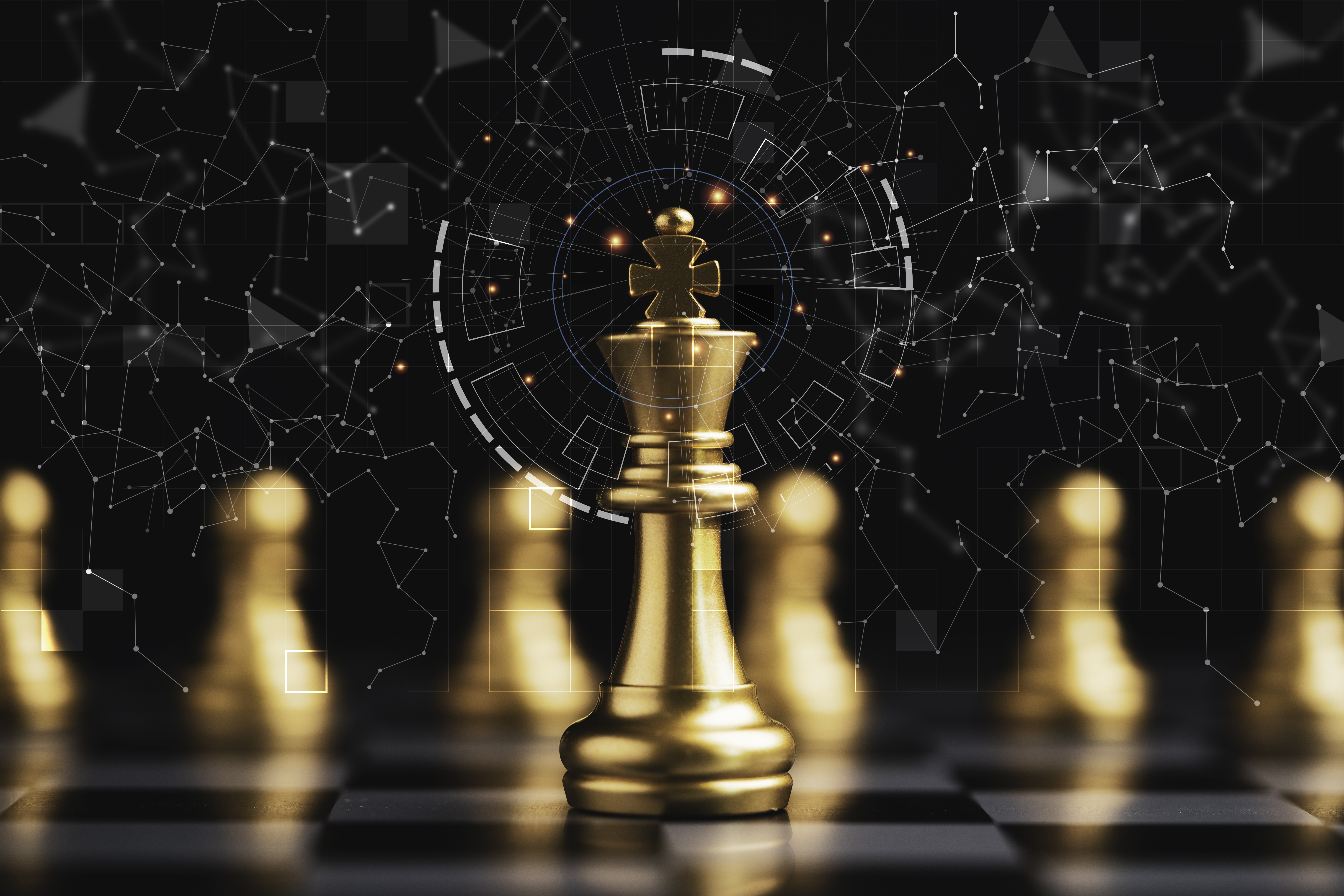 Golden chess king with digital network — strategic leadership